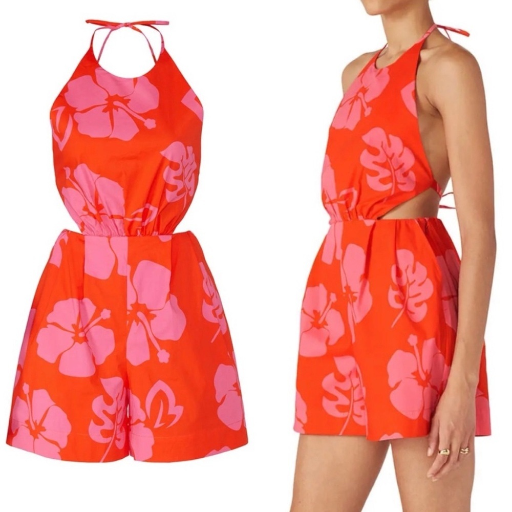 Staud Georgia Halter Neck Floral Print Romper